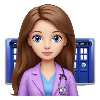 beautiful barbie girl with long brown hair, blue eyes and wearing light purple clothes watching tv show doctor who sticker