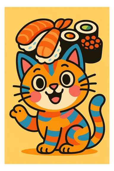 vibrant and playful cat wearing a hat made out of sushi, colorful and fun sticker