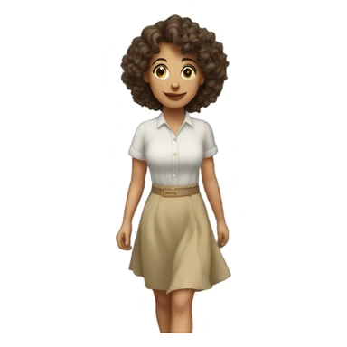 Pretty brunettes curly haired woman with a modest skirt and pretty blouse walking towards a house door sticker