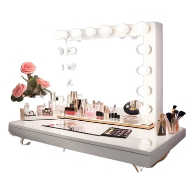 white makeup vanity with glass top and a hollywood style makeup mirror with bulbs around it. skincare and perfume on the desk neatly with white chair  sticker