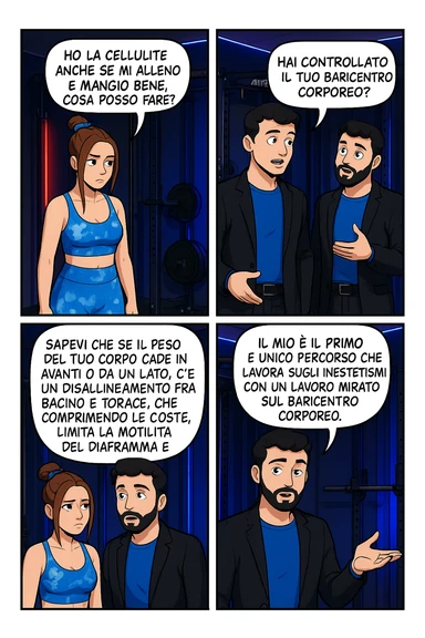 TRASFORMA QUESTO CAROSELLO IN UN FUMETTO CON QUESTE DUE PERSONE IDENTICHE CHE INTERLOQUISCONO TRA LORO:

LEI: Ho la cellulite anche se mi alleno e mangio bene, cosa posso fare?

LUI: Hai controllato il tuo baricentro corporeo?
Sapevi che se il peso del tuo corpo cade in avanti o da un lato, c’è un disallineamento fra bacino e torace, che comprimendo le coste, limita la motilità del diaframma e l’ossigenazione dei tessuti?
Il mio è il primo e unico percorso che lavora sugli inestetismi con un lavoro mirato sul baricentro corporeo. sticker