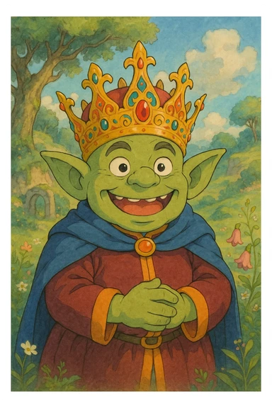 happy goblin king, beardless, wearing a crown, ghibli-inspired style sticker