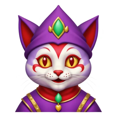 crazy colorful cute little cat jolly joker from poker, medieval, vintage, court jester, mac os icon, purple and red color, half body sticker