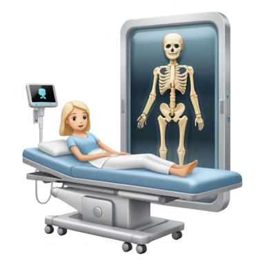 A radiology room showing an X-ray machine and sliding panel bed.
 sticker