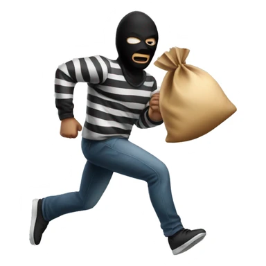 Robber running with striped shirt and black mask with moneybag sticker