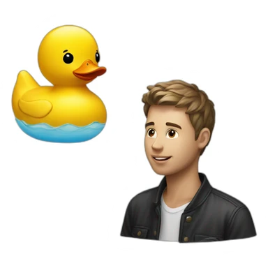 A white and young man talking to rubber duck sticker