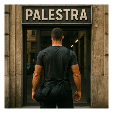 hyper realistic man seen from behind standing in front of a gym entrance with the sign 'Palestra', ready to enter, realistic details, motivating atmosphere, urban background sticker