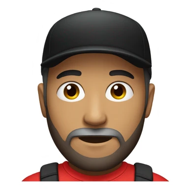 Man with beard, wearing black jogger, red shirt and black cap sticker