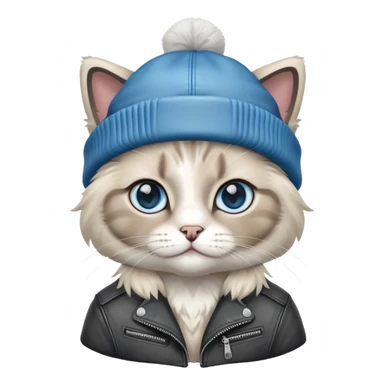 Ragdoll cat wearing a leather jacket and a beanie sticker