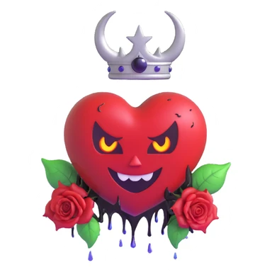 3D emoji devil heart, deep purple glass, large devil horns, curled tail, black rose crown, silver crescent moon, electric lightning, glossy rain, shattered glass, blood pooling at base sticker
