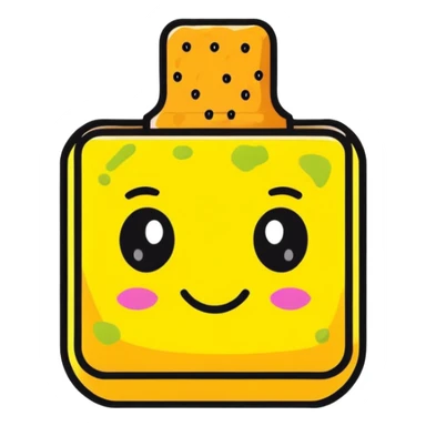 A cheerful yellow kitchen sponge with a cute smiling face and eyes sticker