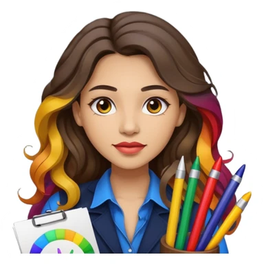 female dark wavy long hair graphic designer , color wheel, pens, papers sticker