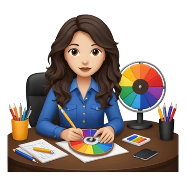 female dark wavy long hair graphic designer , holding color wheel , pens, papers, desktop sticker