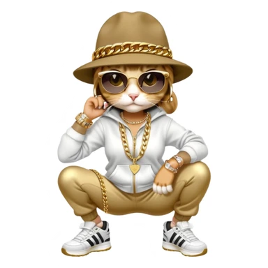 female cat wearing Run DMC hip-hop outfit with tracksuit, fedora, Adidas sneakers, dark sunglasses, many gold chains, rings, bracelets, flashy earrings, upright pose sticker