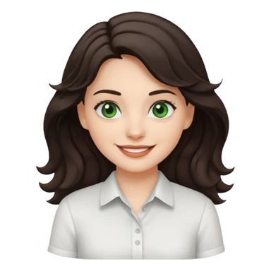 A White girl with wavy and dark hair, dark green eyes and a white shirt smiling sticker