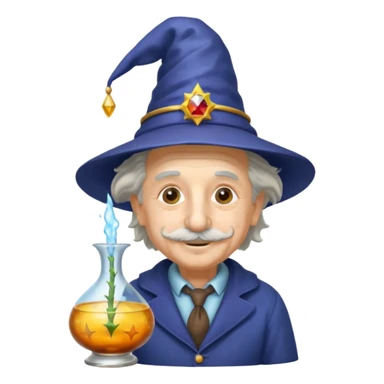 Albert Einstein, wearing wizard hat custome, with glas vase sticker