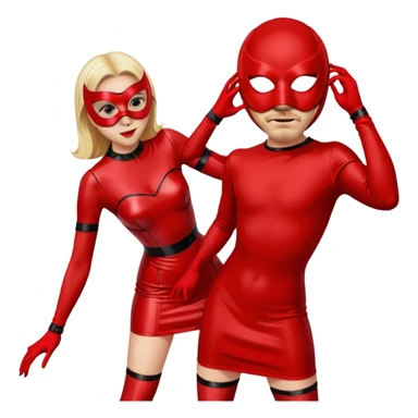 Woman in short red latex dress bent over in front of masked man sticker