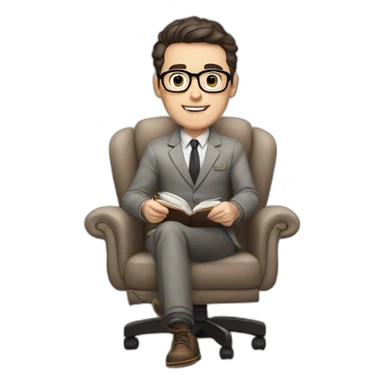 Pale skinned Fit Man With dark brown hair in gray jacket, beige office shirt and vintage glasses sitting In a soft chair with a notebook with emblem Ψ and a pen in his hands sticker