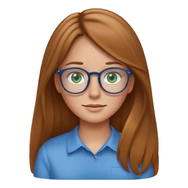 Create an emoji of a girl with light brown hair long length hair, green eyes, freckles, glasses and wearing a blue shirt sticker