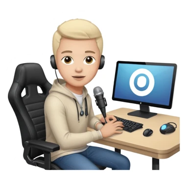 a setup of a youtuber, with a desktop pc on a table, a gaming chair, microphone, ring light sticker