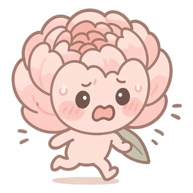 round chibi pastel pink peony flower with blushing cheeks and a panicked expression, rushing with tiny legs, full-body, pastel tones sticker