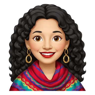 60 yr old peruvian woman, slightly chubby, wavy/curly long black hair, red lipstick, big smile, white teeth, brown eyes, hoop earings, side part to hair, round face sticker