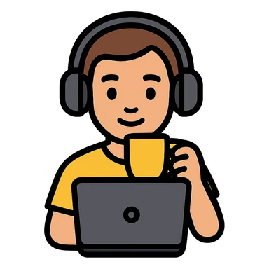 emoji ios 18, guy in headphones at computer, drinking coffee sticker