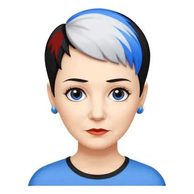 reife frau, kein kind freche extreme schwarze Kurzhaarfrisur eine Seite wirklich fast keine Haare andere Seite mit blauer Strähne kurze Seite noch viel kürzer sticker