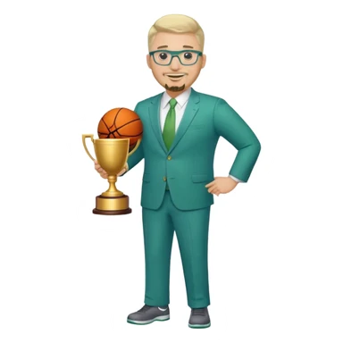 Full Body white male plus size wearing glasses with a goatee with light blonde and gray very short hair happy basketball head Coach in blue and green suit holding trophy sticker