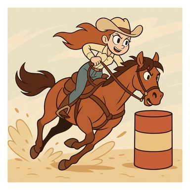 a girl barrel racing on a horse, western cartoon style, dynamic action sticker