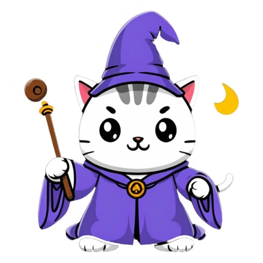 A cat wizard casting a spell with magical staff and flowing robes sticker