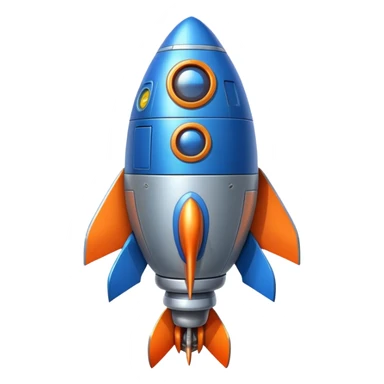 Spaceship with a large rounded belly in the middle, rocket boosters, personified with a happy face sticker