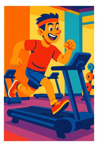 energetic man running on treadmill in gym, vibrant style, lively and colorful sticker