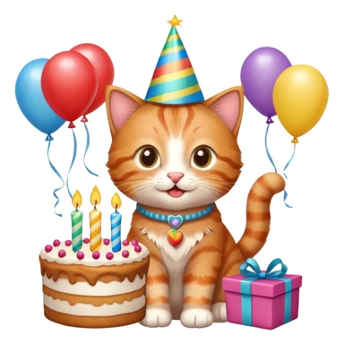 Ginger tabby kitten celebrates birthday, birthday hat, birthday cake, one candle, balloons, happy, gifts sticker