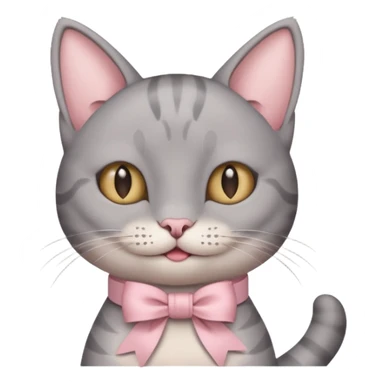 Head of a grey cat, smiling, with a loose ribbon on top of its head sticker