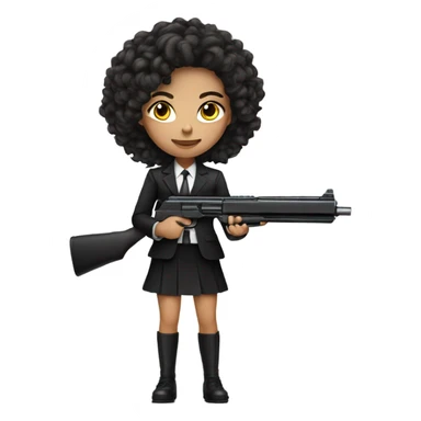 Brunette Girl with long curly hair in black suit with gun sticker