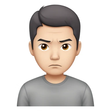 Asian man in a gray shirt with a frown sticker