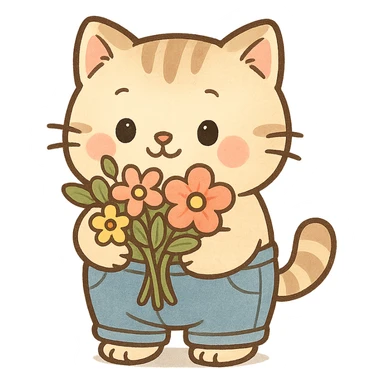 a chubby kitten wearing tiny pants and holding a bouquet of flowers, in a cute cartoon style sticker
