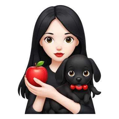 A girl with long black hair wearing black clothes holding a black dog in one hand and an apple in the other hand sticker