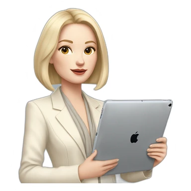 pale skin woman with ash blonde Straightened bob Hair, White Spacious classical jacket, beige palazzo Arrow pants and gray blouse holding a IPad Pro 12.9” in the hands sticker