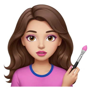 girl with long wavy brown hair, brown eyes, light to medium complexion, in a pink shirt, pink lips, long lashes, puckered lips, putting on makeup sticker