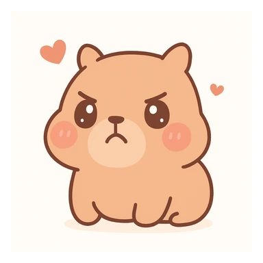 annoyed capybara in chibi anime style, puffed cheeks, furrowed eyebrows, small frown, kawaii details, white background sticker