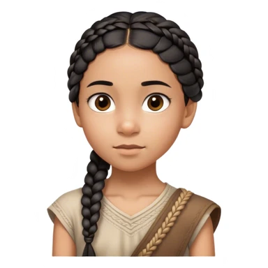 A thin 10-year-old mixed-race girl with almost black hair braided into a single plait draped over her shoulder and dark brown eye sticker