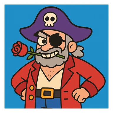 Make the pirate's beard shorter and change his hair to grey. Keep the playful cartoon style with a left eye patch and a rose in the mouth. sticker