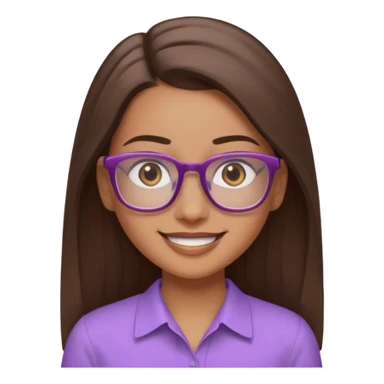 Imagine a pretty girl with slightly light brown skin with big brown eyes and glasses. She has straight long brown hair in a slick back and is wearing a light purple shirt sticker