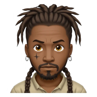 
1 black man, fierce face, scar on face, dreadlock hair tied back emoji
 sticker