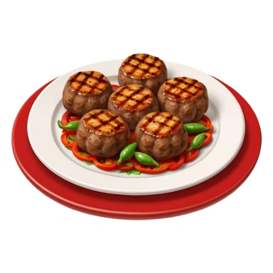Akçaabat meatballs object icon, grilled Turkish kofte pieces on a plate, smoky char marks, juicy texture, served with grilled peppers and tomatoes, 3D cartoon, mobile game icon style, centered, clean background, no text, no watermark
 sticker