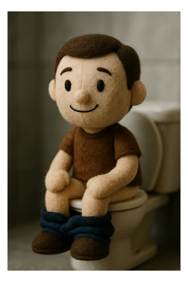 man pooping on toilet, plush toy look, plush portrait style sticker