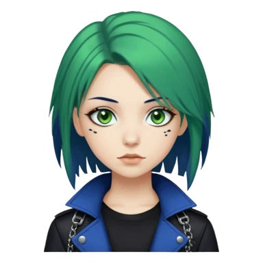 woman with white skin and green eyes, her hair is shoulder length black with navy blue hime cut layers, wearing green and blue y2k and punk themed clothes  sticker