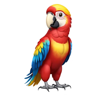 cinematic-macaw-realistic-full-body-standing-emoji,-vibrant-feathers-glowing-with-rich-reds,-blues,-and-yellows,-head-tilted-dramatically,-curved white-beak-gleaming,-piercing-dark-eyes-exuding-confidence,-simplified-yet-realistic-focused sticker